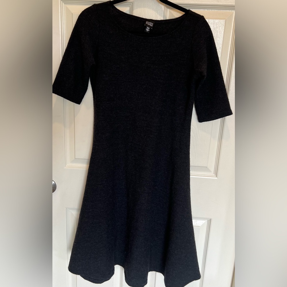 Eileen Fisher Black Knit Fit & Flare Dress Handkerchief Hem Sz S - Picture 1 of 5
